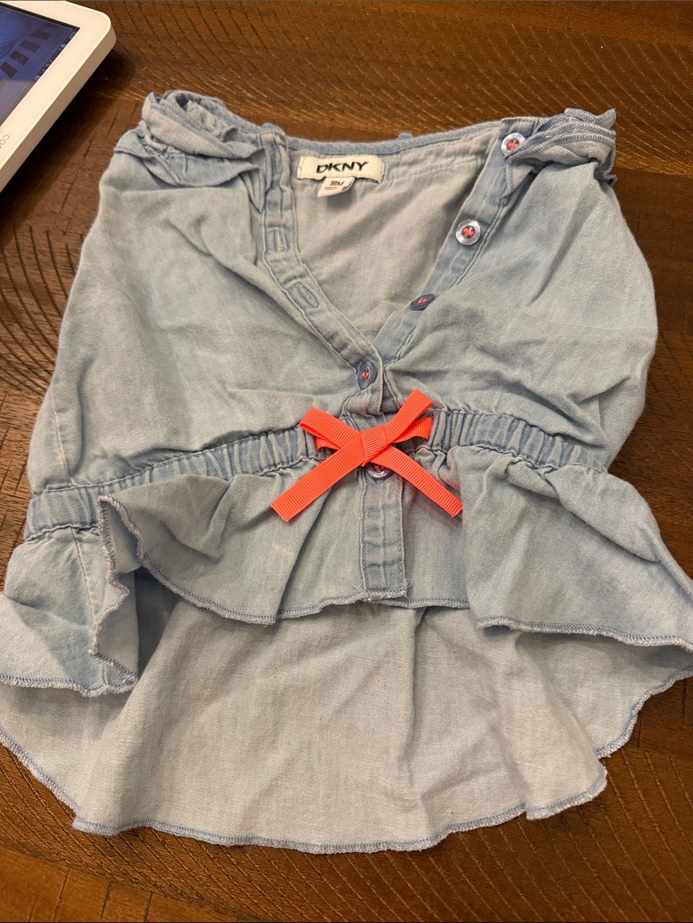 DKNY Light Blue High-Low Ruffle Skirt with Coral Ribbon